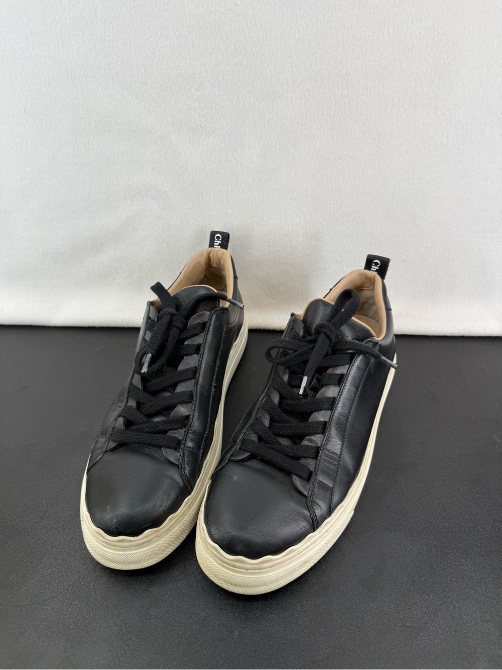 Chloe Lauren Black Scalloped Leather Women's Sneakers size 39